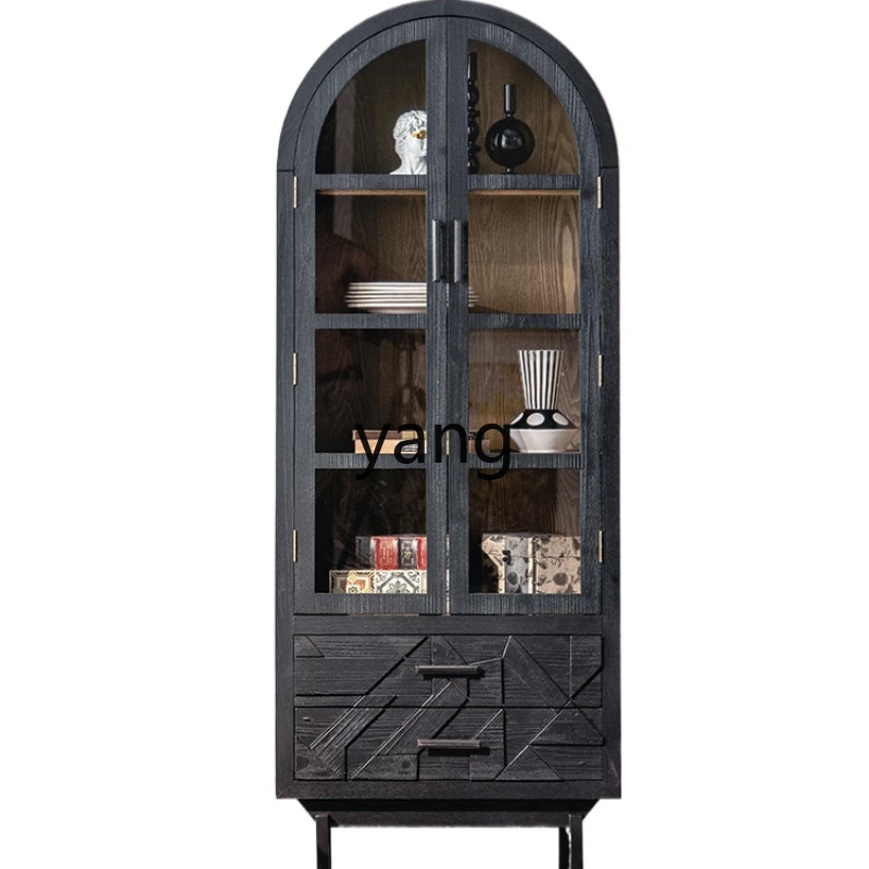 

LXL Solid Wood Bookcase with Glass Door Arch Carved Two-Door Wine Cabinet