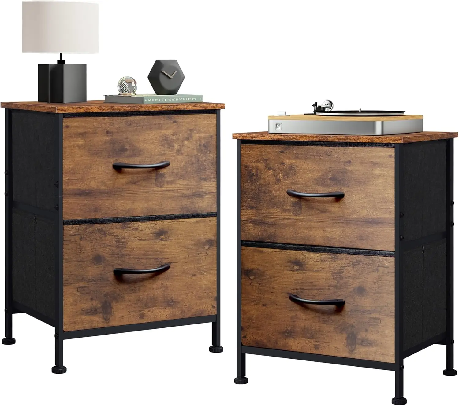 

Set of 2 Small Nightstands with Wooden Top, 2 Drawers & Fabric Bins, Rustic Brown Bedside Table for Bedroom or Dorm