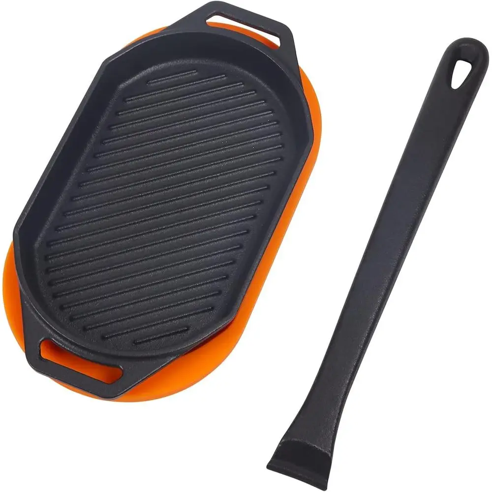 

Outdoor/Indoor Pizza Oven Sizzler Plate - Cast Iron Griddle Skillet with Handle & Silicone Mat for Camping, BBQ, and Kitchen Use
