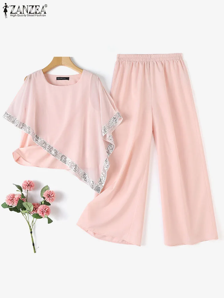 2024 ZANZEA Summer Fashion Sequin Sets Short Sleeve O-Neck Blouse Wide Leg Pants 2PCS Female Casual Holiday Tracksuits Oversized