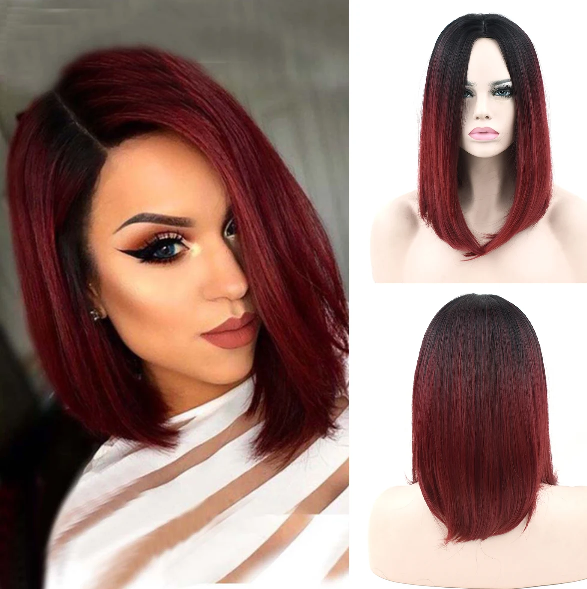 Soowee Synthetic Hair Black To Burgundy Ombre Hair Short Bob Wigs Straight Party Hair Grey Cosplay Wig for Women