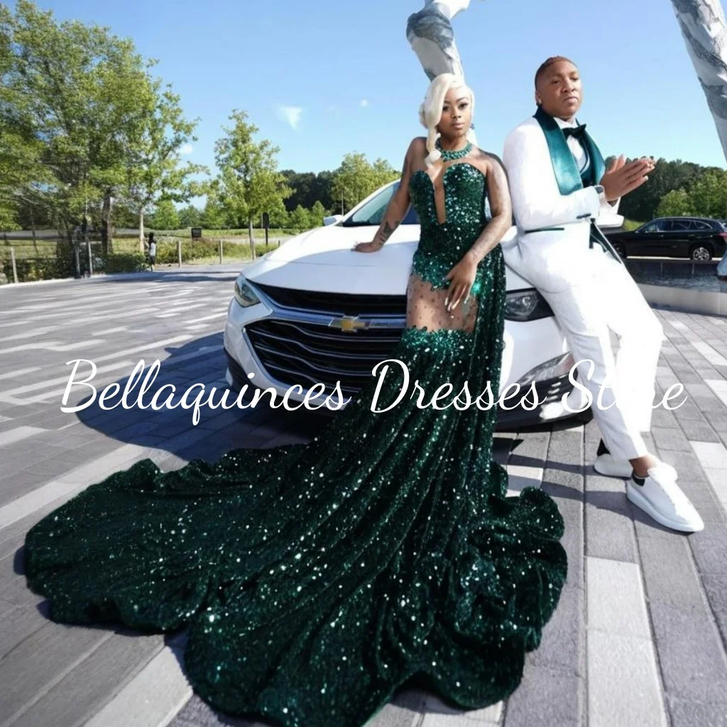 Luxury Mermaid Green Long Prom Dresses Black Girl 2025 Glitter Sequin Party Dress Women Sexy Strapless Birthday Gowns Customized