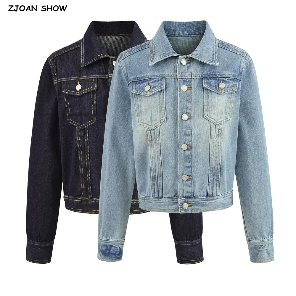 

Spring Lapel Collar Long Sleeve Denim Jacket Vintage Women Front Pockets Single-Breasted Buttons Draped Jean Coat Cool Outerwear