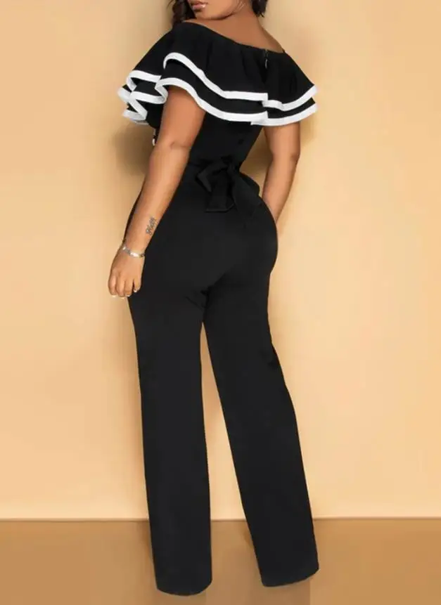 

Jumpsuit Women Contrast Trim Double Layer Ruffle Off Shoulder V-Neck Bow Tie Back Overalls Casual Zipper Back Wide Leg Jumpsuit