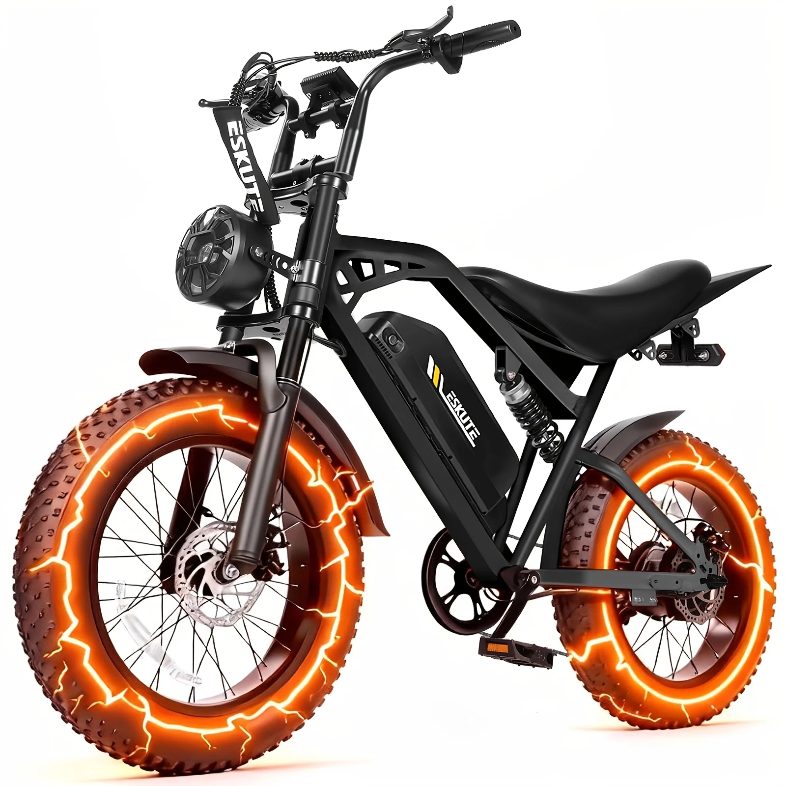 

Электровелосипед ESKUTE V200 для взрослых, аккумулятор 48V20.8Ah, широкие шины 20" X4.0, скорость до 27.9 миль/ч, 7-скоростная двухподвесная система, внедорожный электровелосипед, запас хода 80 миль.