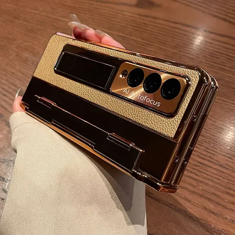 With Screen Protector Luxury Leather Case for Samsung Galaxy Z Fold 6 5 4 3 5G One-Piece Plating Stand Shockproof Cover Gold