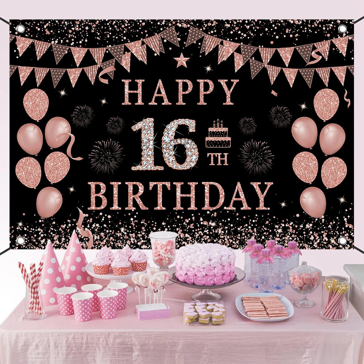 Black Pink Birthday Backdrop 16 21 30 40 50 60 Years Birthday Party Supplies Happy Girls Women Birthday Decoration