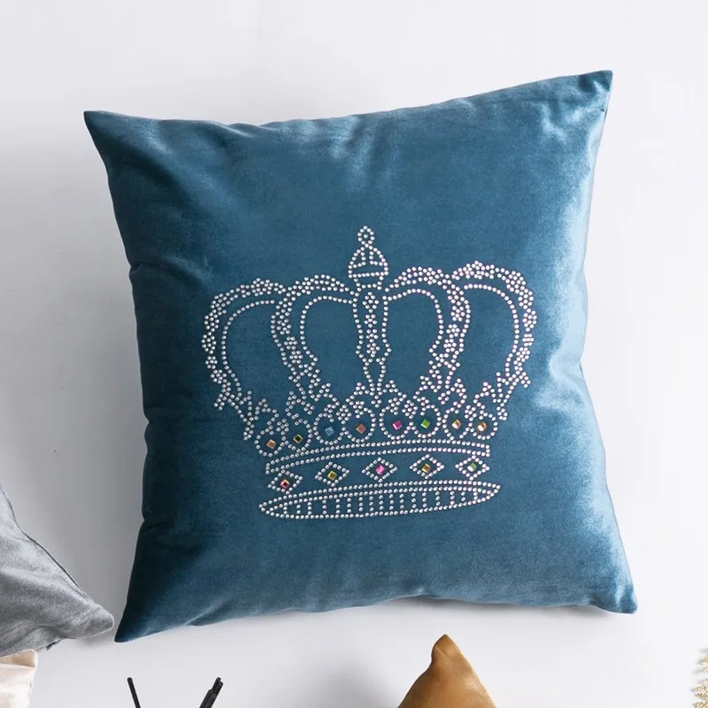 European Style Velvet Cushions, Rhinestone Crown Throw Pillow, Office Chair, Back Waist, Livingroom Accessories,  45x45cm