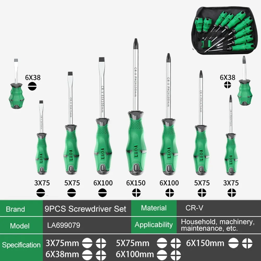 LAOA Screwdrivers Sets With Magnetizer Canvas Bag Cr-V Screw Driver Slotted and Phillips Screwdrivers Hand Tools Kit