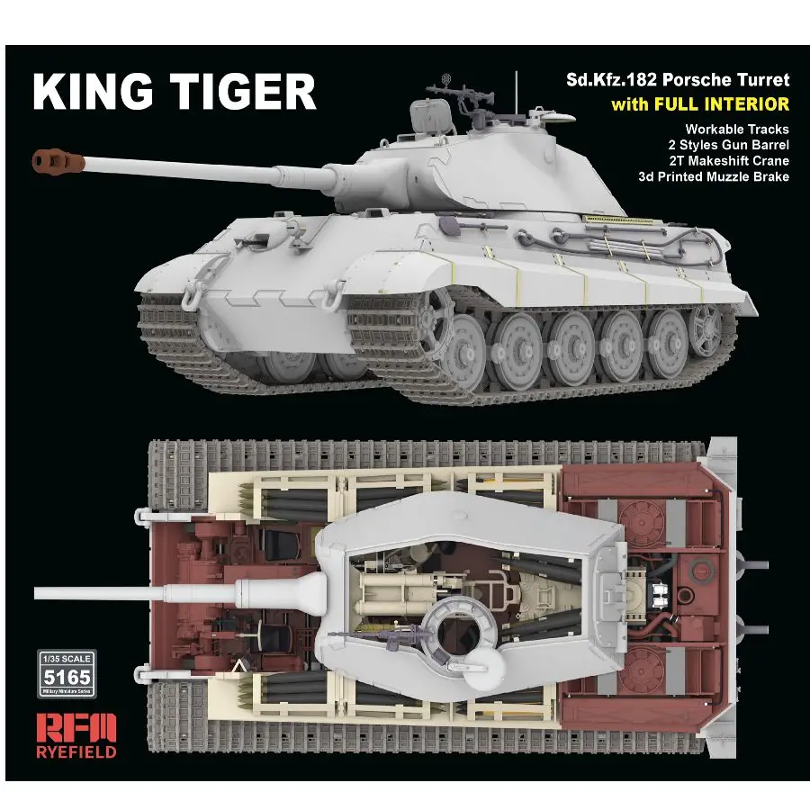 1/35 Sd.Kfz.182 KING TIGER Porsche Turret  RYE FIELD RFM-5165 （FULL INTERIOR）with 2-Ton Crane/ Workable Tracks