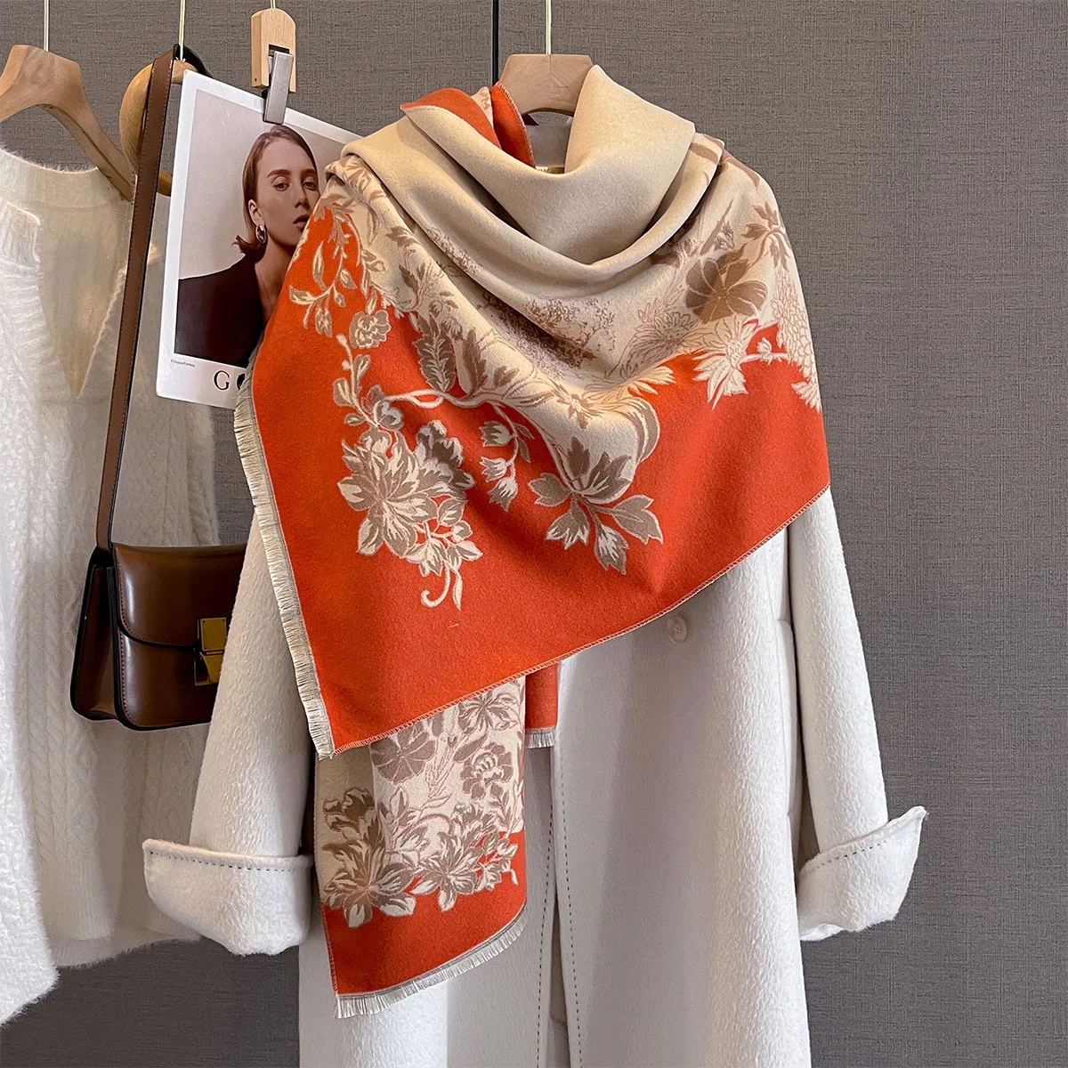 Women Faux Cashmere Scarf Autumn Winter Thick Warm Double Sided Orange Beige Floral Print Shawl Wrap Purpose Large Blanket Scarf