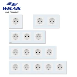 WELAIK EU 16A Châu Âu Ổ Điện Kính Cường Lực Tường Ổ Cắm Điện 80*80Mm 220V Trắng Đen Ổ Cắm 16A Ổ Cắm Tường A18EW