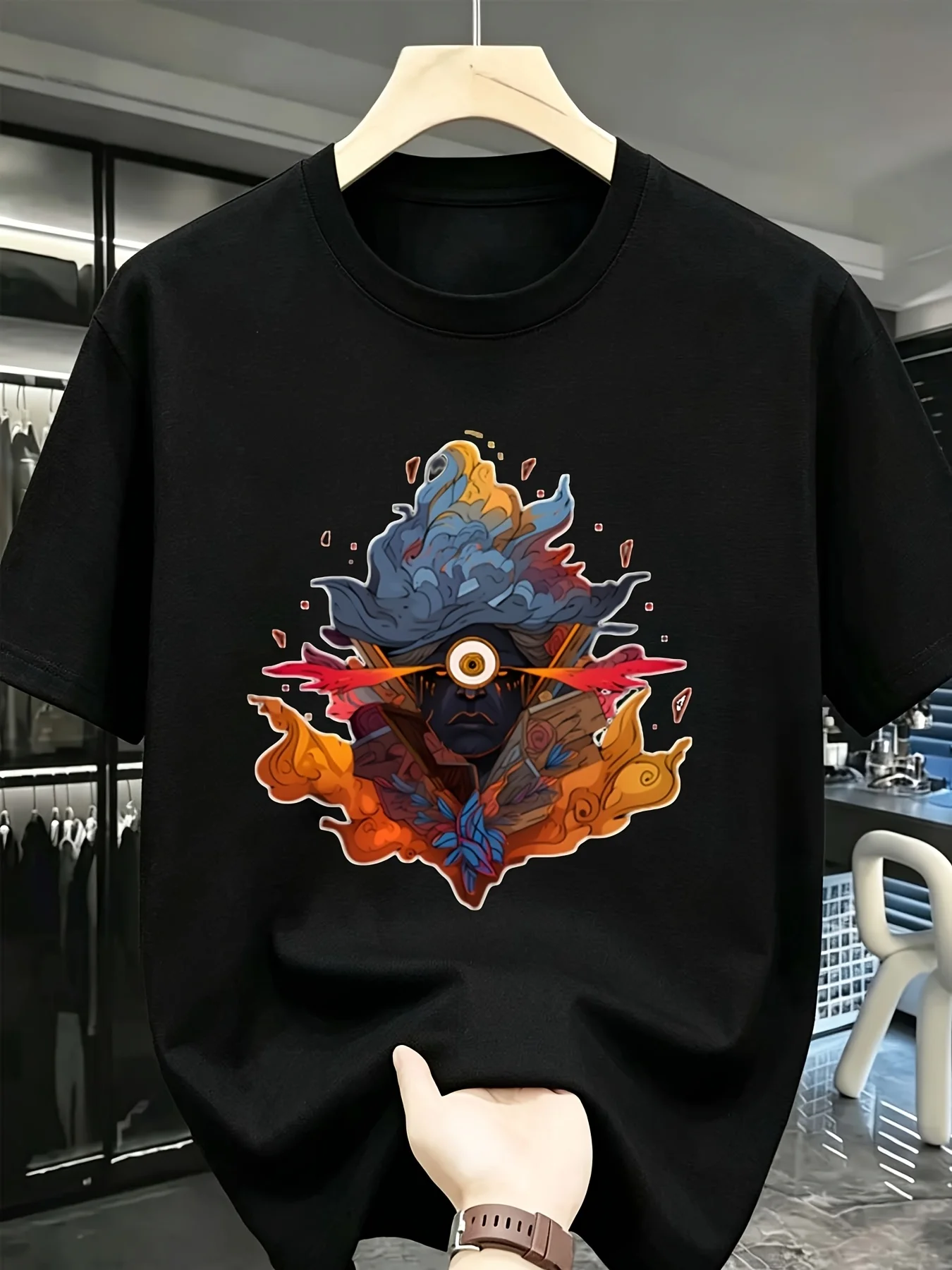 Men's Mysterious Cyclops Art Print T-Shirt, Short Sleeve Crew Neck Retro Casual Print T-Shirt, Unisex