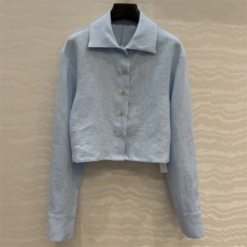 

Women's shirt 2026 summer new single breasted slim fit women's long sleeved top 100% linen short Women's blouse Casual thin coat