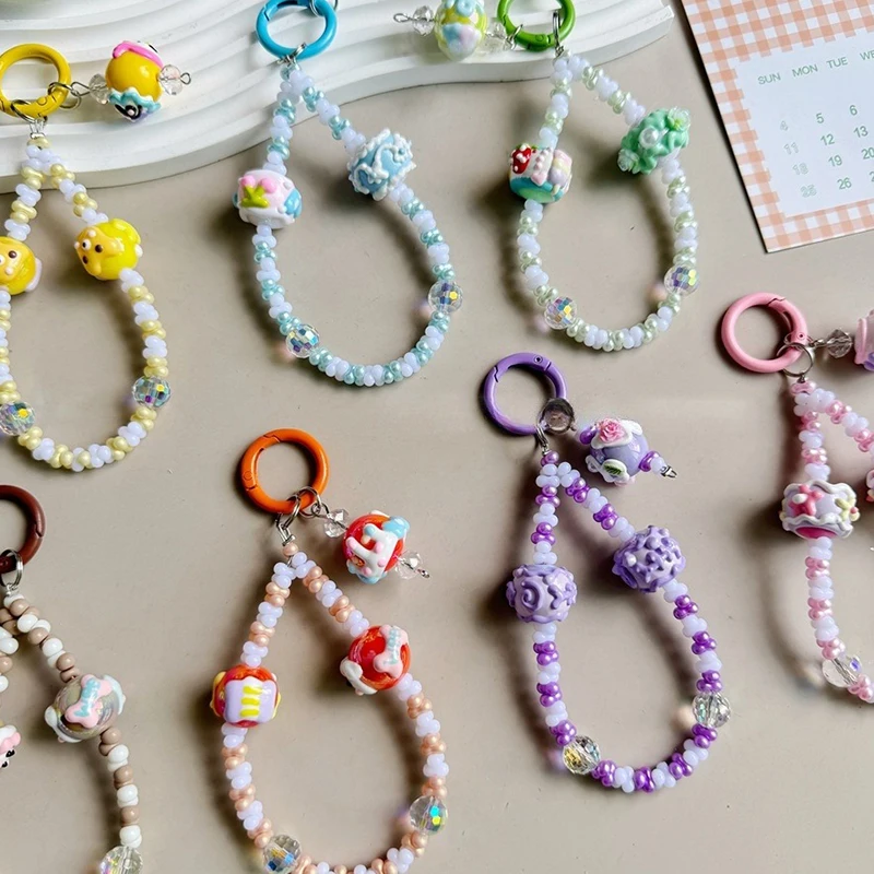 Candy Colors Beads Key Chain Hand Painted Beads Phone Pendant Headphone Case Charm Bag Decor Phone Wrist Strap Anti-Lost Chains