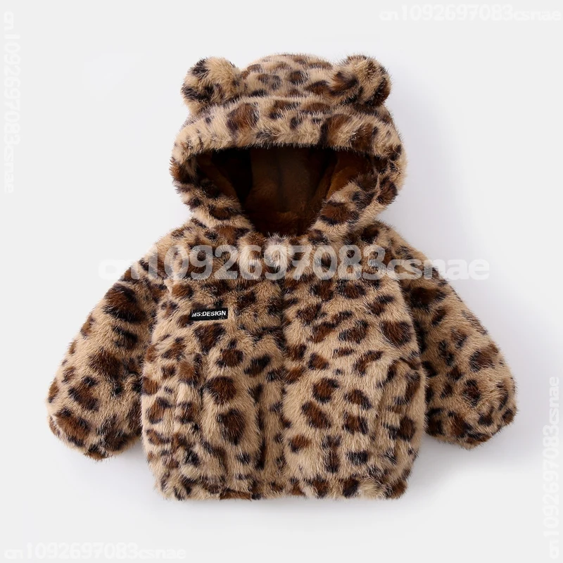 

Новая теплая зимняя куртка с капюшоном и ушками медведя из искусственного меха с леопардовым принтом для малышей и детей, для мальчиков и девочек, 2026