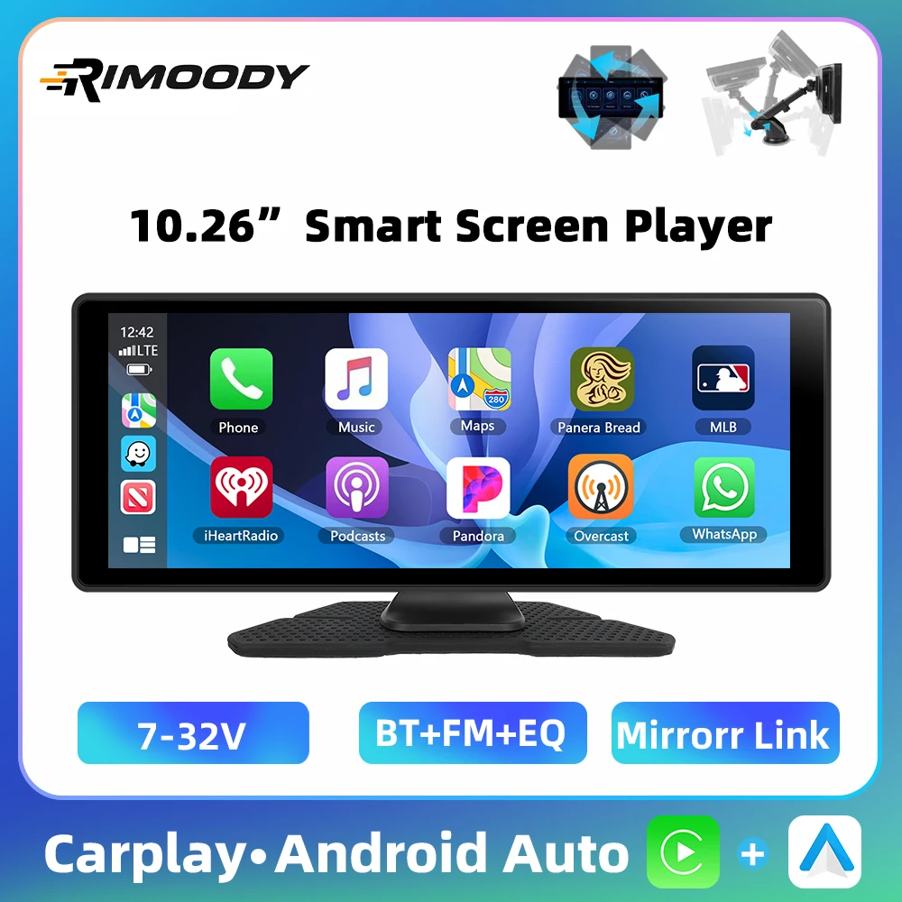 Rimoody 10.26 ''Smart Screen Player Carplay Android Auto Car Monitor AirPlay Android Cast Bluetooth FM EQ Lettore per auto portatile