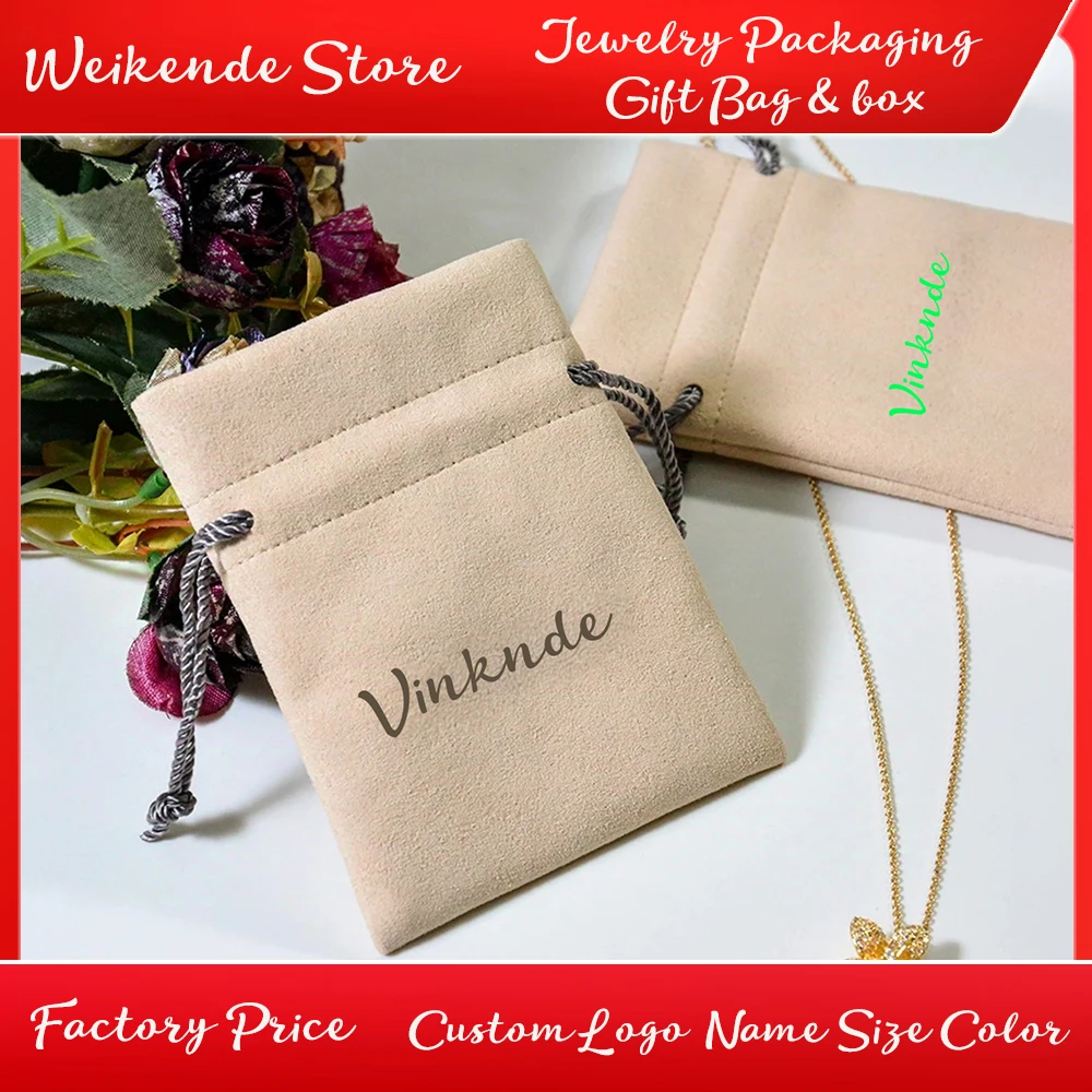 

New Luxury Custom Logo Microfiber Suede Jewelry Pouches Drawstring Bag Wedding Engagement Display for Bracelets Earrings Gifts