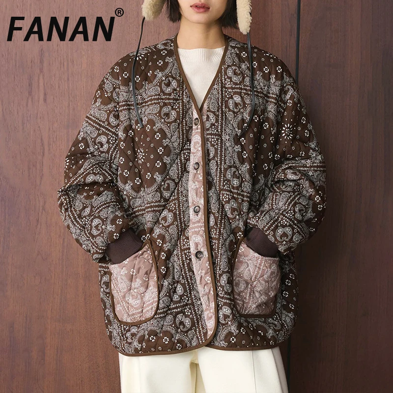 

FANAN винтажный дизайн с принтом, хлопковые пальто для женщин, однобортные однобортные куртки с v-образным вырезом в стиле Коран, свободные толстые теплые куртки, новинка зимы