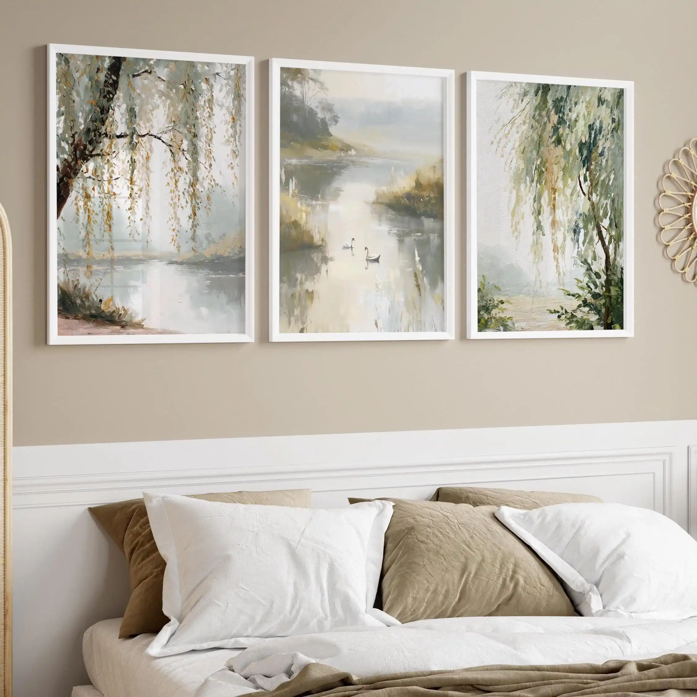 Conjunto de 3: Impressões Artísticas de Árvores de Salgueiro no Campo |   Arte para Sala de Estar Verde Sálvia |   Decoração de Cozinha Neutra |   Arte de Parede Verde Escuro para Quarto
