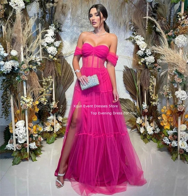 Xijun Hot PInk Tulle Evening Dresses Sweetheart Strap Prom Dresses Side Slit Party Dresses Long Prom Gowns Cap Sleeves Elegant