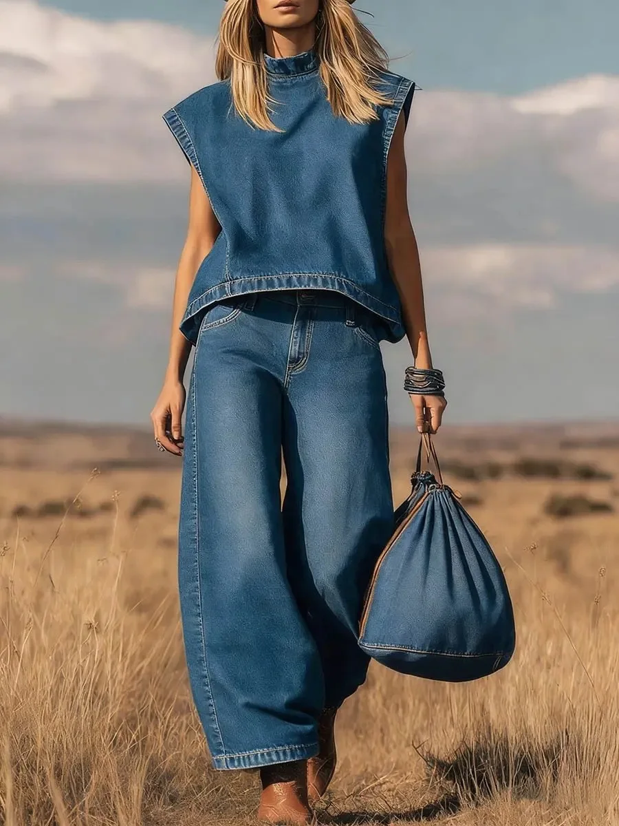 

Western Styles Denim Two Piece Set for Women Summer Casual Solid Sleeveless Mock Neck Crop Top & High Waist Wide Leg Pants Set