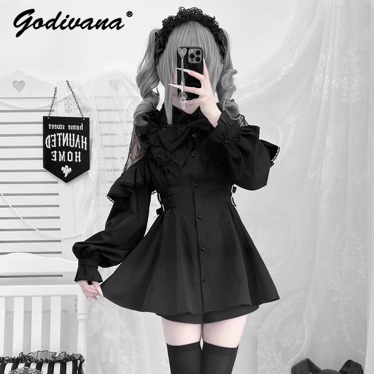 Abito e pantaloncini camicia con fiocco carino a maniche lunghe in pizzo incrociato originale Nuovi abiti Lolita per ragazze femminili primaverili e autunnali giapponesi