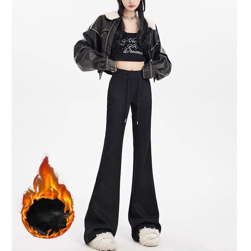 Winter Dame Hohe Taille Fleece Thermische Hosen Weibliche Chic Schnee Warme Gerade Bein Plüsch Hosen Mädchen Mode Casual Hosen