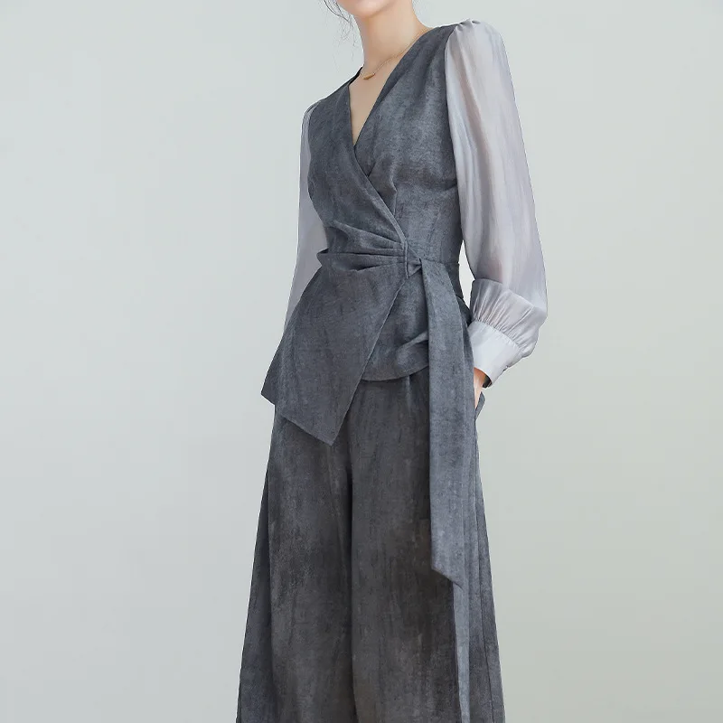 

SuperAen Fashion Oversize Grey Women's Autumn New Casual Asymmetrical Tops Long Wide-leg Pants Two-piece Sets