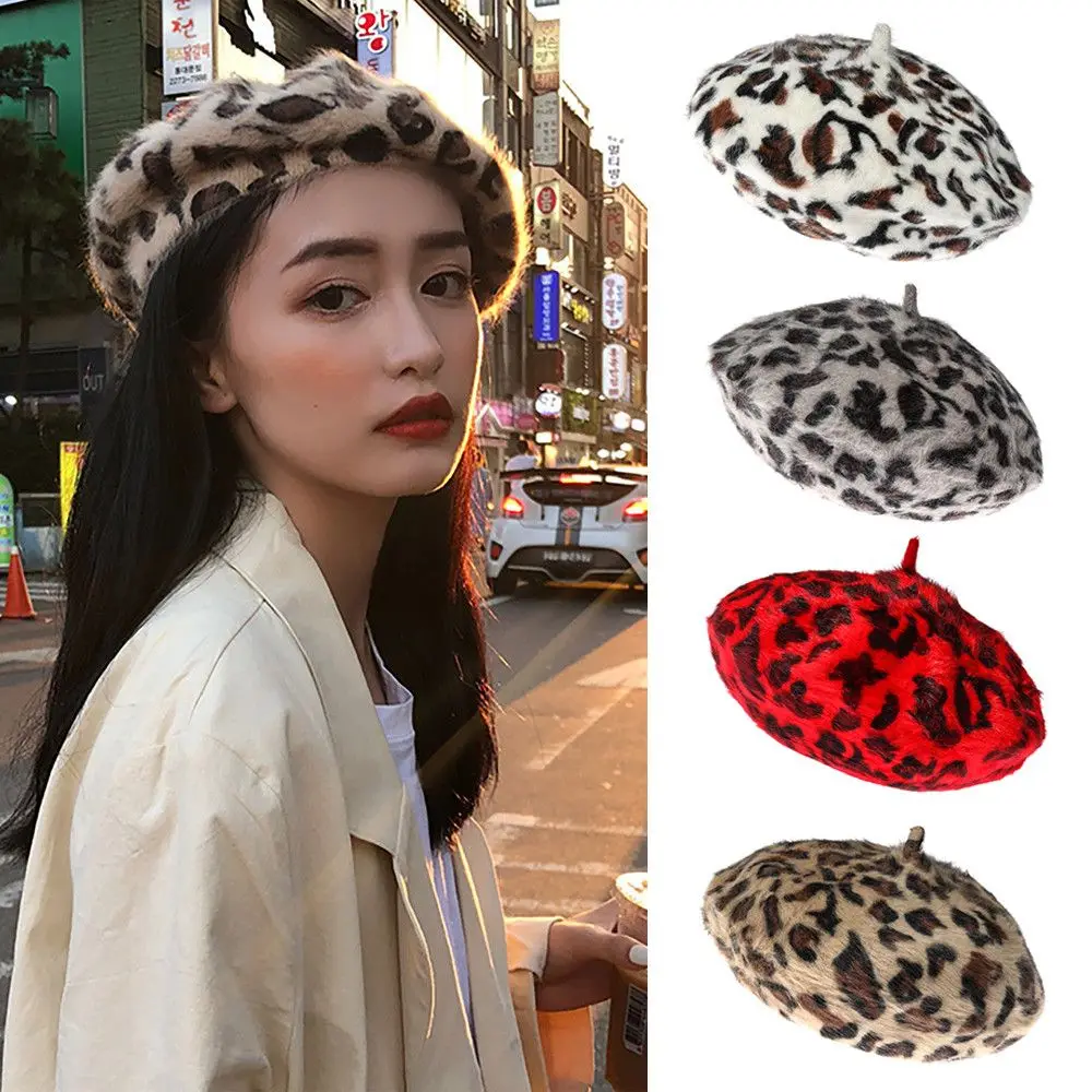 French Style Winter Warm Beanie Hat Berets for Women Beret Leopard Print Hat French Hat