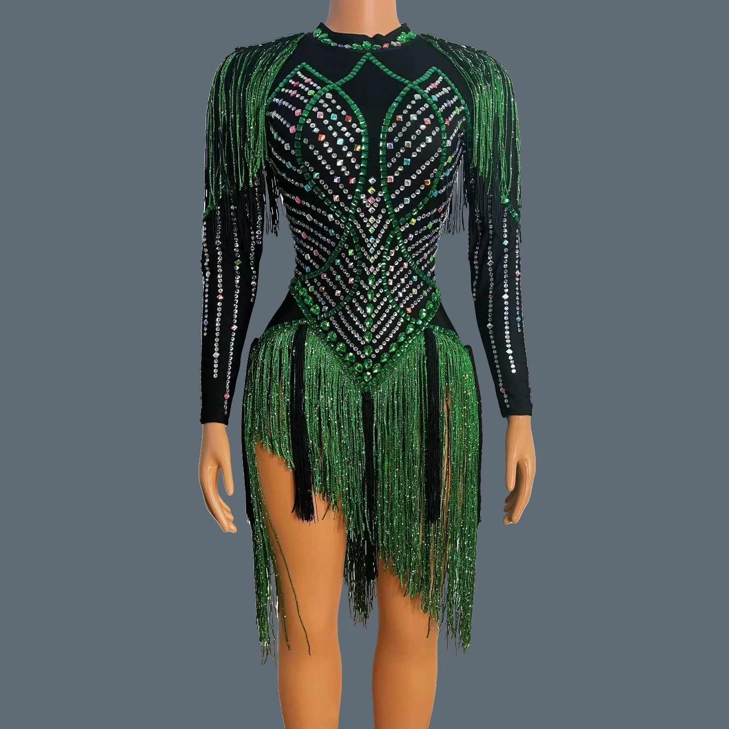 

Nightclub Party Stage Performance Wear Sparkly Rhinestone Tassel Dance Dress Bar Spandex Elastic Sexy Bandage Mini Dress Lvjuren