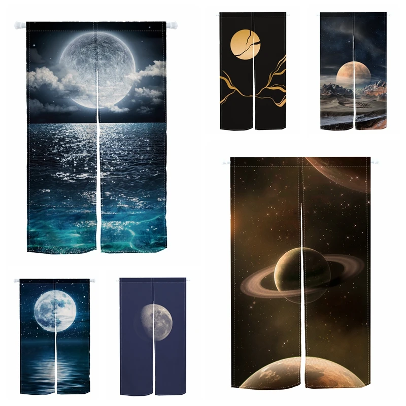 Japanese Door Curtain Moon Night Partition Kitchen Doorway Decorative Drapes Cafe Lzakaya Entrance Noren Hanging Half-Curtain