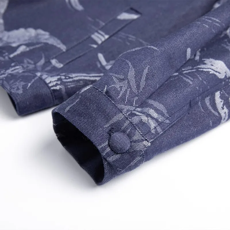 Women' Fall New Blue Printed Denim Jacket Short Style Lapel Collar Casual Button-down Jeans Coat