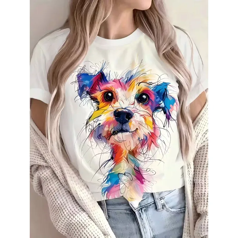 Watercolor Rainbow Dog Graphic T-Shirt Women’s Casual Crew Neck Short Sleeve Cute Colorful Artistic Puppy Print Top for Daily
