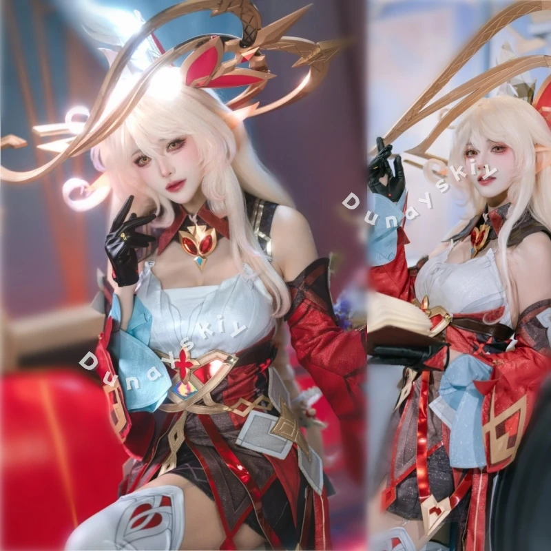 

Костюм для косплея в стиле фэнтези Genshin Impact: Красно-бирюзовое асимметричное платье Алисы с декоративными элементами, реквизит для сценических выступлений