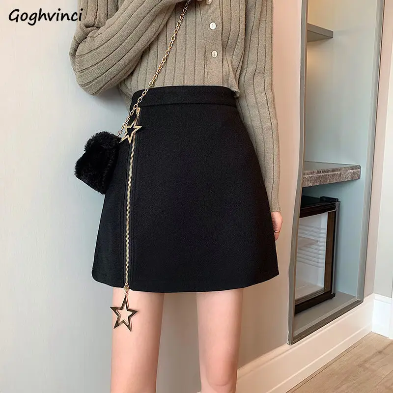 

Skirts Women Korean Style High-waisted Woolen A-line Design Unique Female Students Casual All-match Solid Autumn Trendy Chic