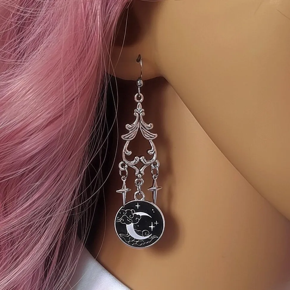 Moon Magic Earring,Gothic Jewelry,Witch Accessories,Cross Star,Gothic,Engraved,Victorian,Mysty,Pagan,Ear Hook For Women Girl view 3