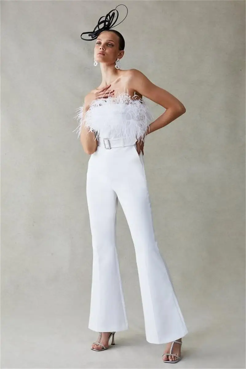 

Feathers Strapless Jumpsuits Women Wear Evening Dresses Sash Vestidos De Noche Juveniles Zipper Back Side Leg Prom Pants Suit