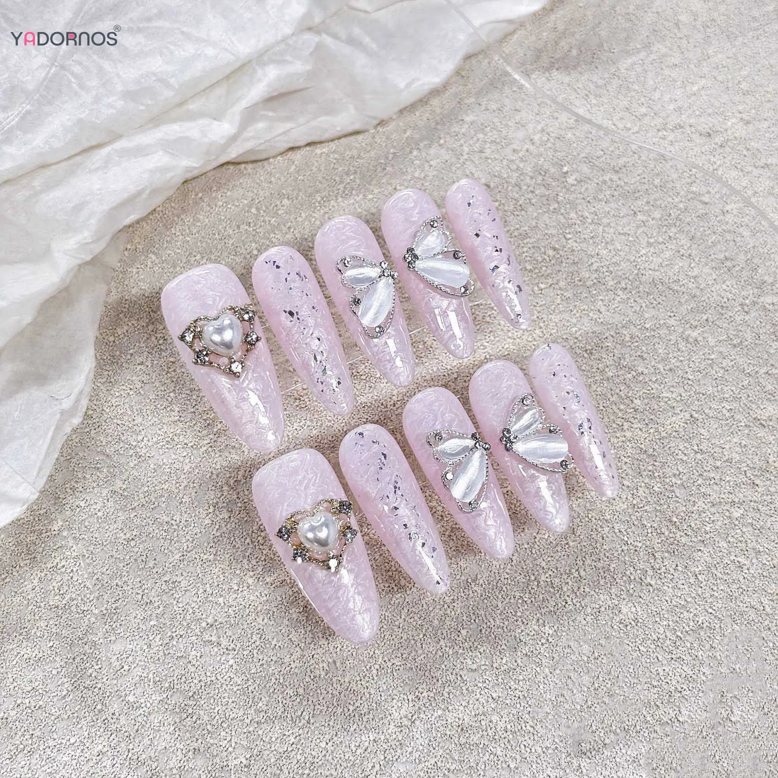 10 buah buatan tangan merah muda Tekan pada kuku panjang Almond kuku palsu mutiara kupu-kupu desain elegan pernikahan kuku palsu manikur bisa dipakai