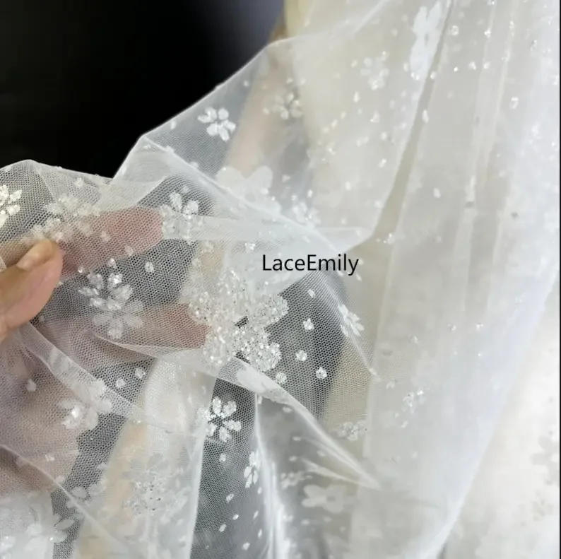 Glitter Flower Lace Fabric Floral soft Mesh Tulle Fabric For Bridal Veil , Tutu Dress, Gowns, Wedding Dress, Home Decoration