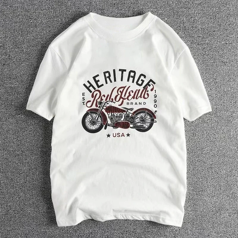 

2025 New Retro Cotton Short Sleeve T-Shirt Men's Motorcycle Print Summer May Youth Fashion Casual Half Sleeve T-Shirt