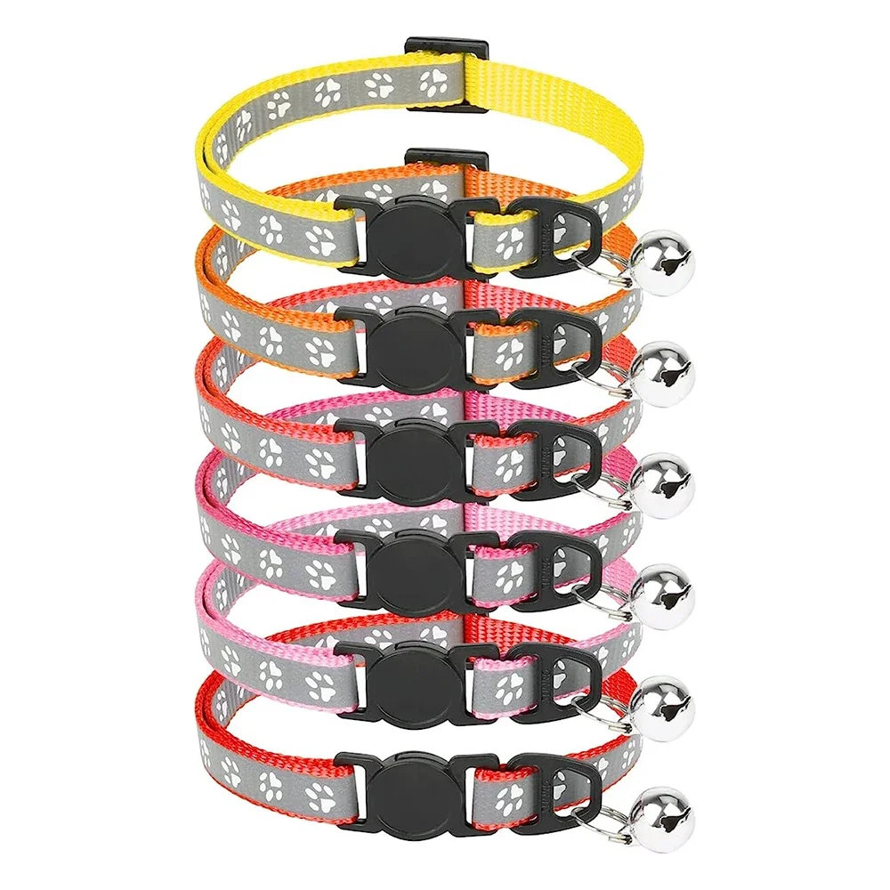 Reflective Pet Collar With Bell Cartoon Footprint Dog Puppy Cat Accessories Kitten Collar Adjustable Safety Bell Ring Necklace