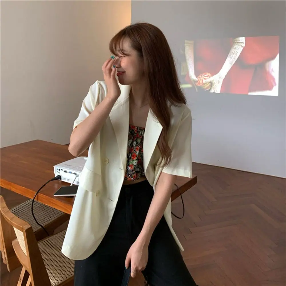 

Elegant V-neck Short Sleeve Suit Simple Thin Large Size Business Style Suit Coat Flip Collar Candy Color Women's Suit Top Girl