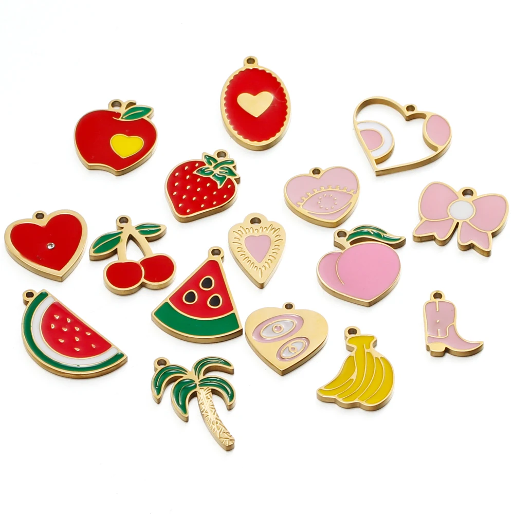 1pc Pink Stainless Steel Bowknot Hearts Boots Fruits Enamel Charms Cherry Pendants DIY Jewelry Findings Necklace Earrings Making