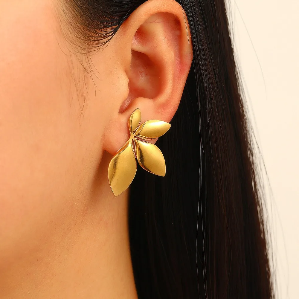 Women Stainless Steel Leaf Flower Stud Earrings, Niche High-End Statement Light Luxury Euro-American Ear Jewelry