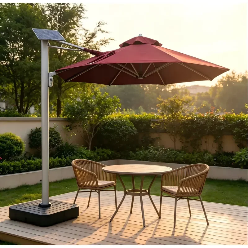Round Roman Cantilever Parasol Solar Powered Led Outdoor Umbrella for Hotel Villa Exterior Space