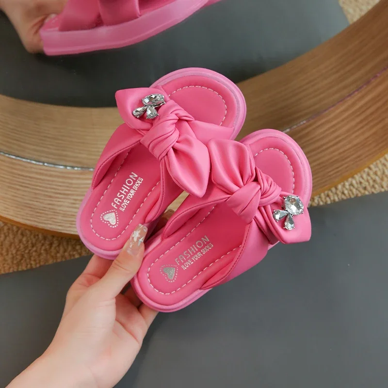 Girls Rhinestones Slippers Thick Bottom Children Summer Beach Shoes Non Slip Solid Color Fashion Kids Indoor Outdoor Slippers