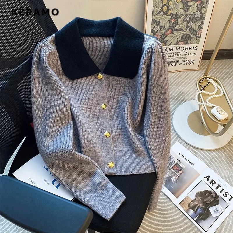 2023 Autumn Winter Luxury Office Lady Knitting Long Sleeve Cardigans Women\'s Fashion Elegant Turn Down Collar Patchwork Sweater