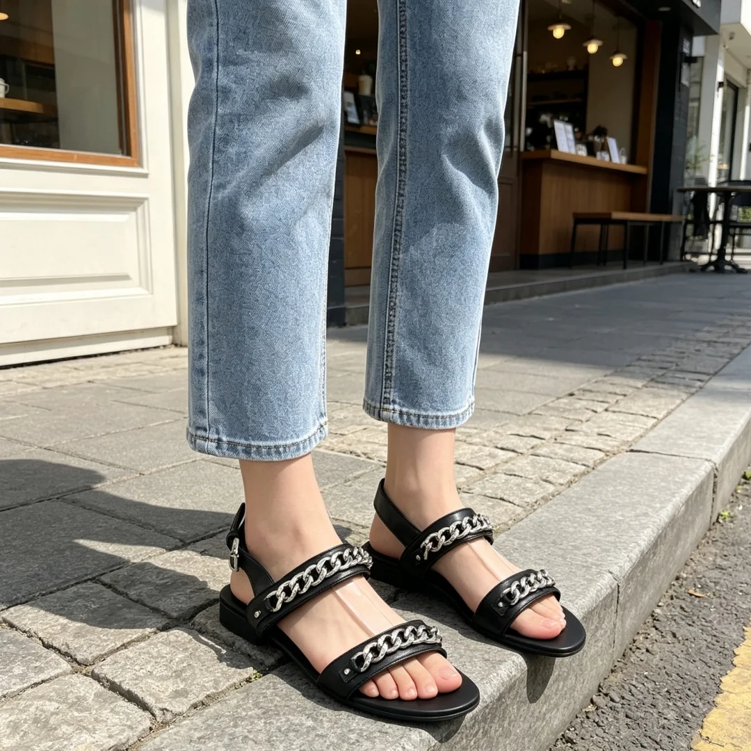 Women Black Leather Two Strap Flat Sandals Silver Thick Chain Decor Adjustable Buckle Ankle Strap Punk Street Summer Slides Lady