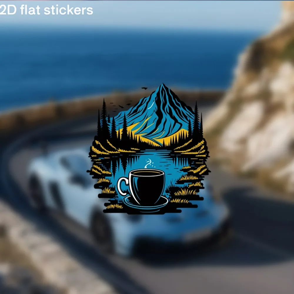 Christmas Decoration Sticker Featuring Serene Mountain Lake and Coffee Cup Design Car Perfect for Winter Charm on Cars Bikes